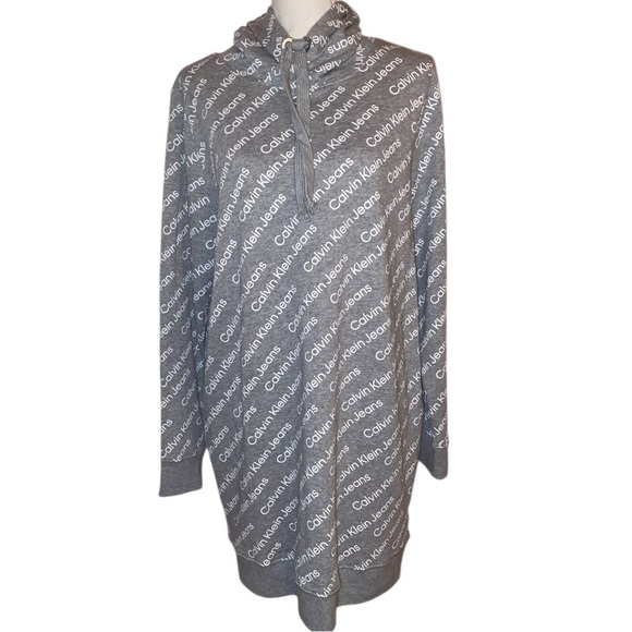 Calvin Klein Dresses & Skirts - CALVIN KLEIN Allover Logo Print Hooded Mini Dress Gray and White in Size LARGE